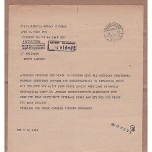 1968 Vietnam War Anti-War Telegram Veteran for Peace Charles Fischer Tokyo Japan